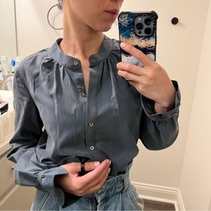 BOGO ❣️ Dusty Teal Band Collar Button Up Top with Ruffle Sleeve